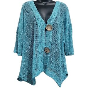 Lulu-B Fishnet Open Knit Cardigan Sz L Blue 2-Button Swim Coverup Beach Tropical